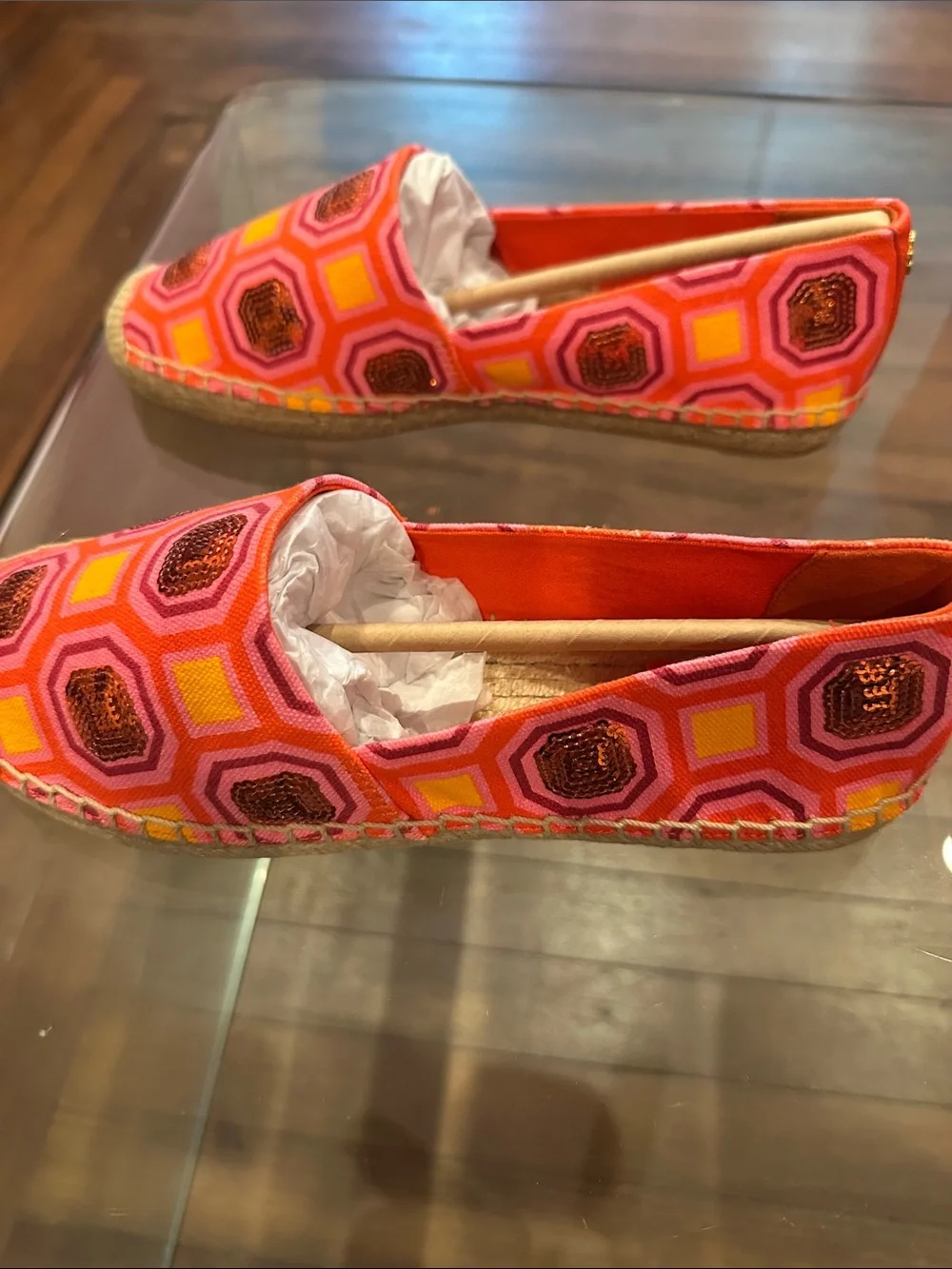 Tory Burch Cecily Embellished Orange & Hot Pink Geometric Sequin Espadrilles